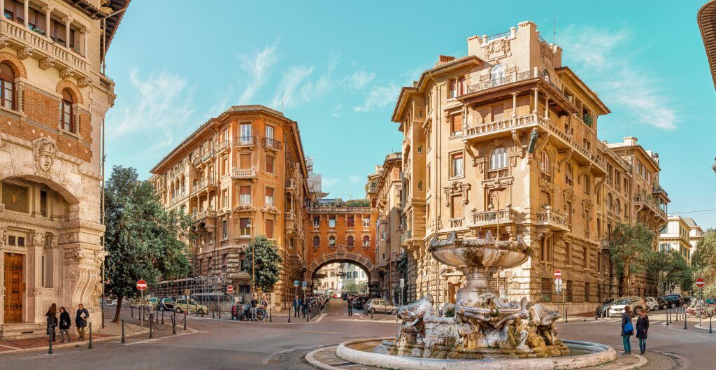 building and fountain in the Coppede Quarter