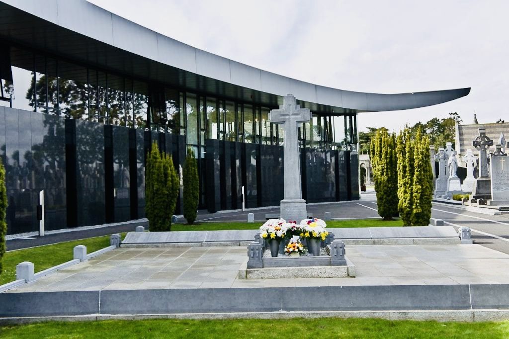 glass facade of the cemetery museum