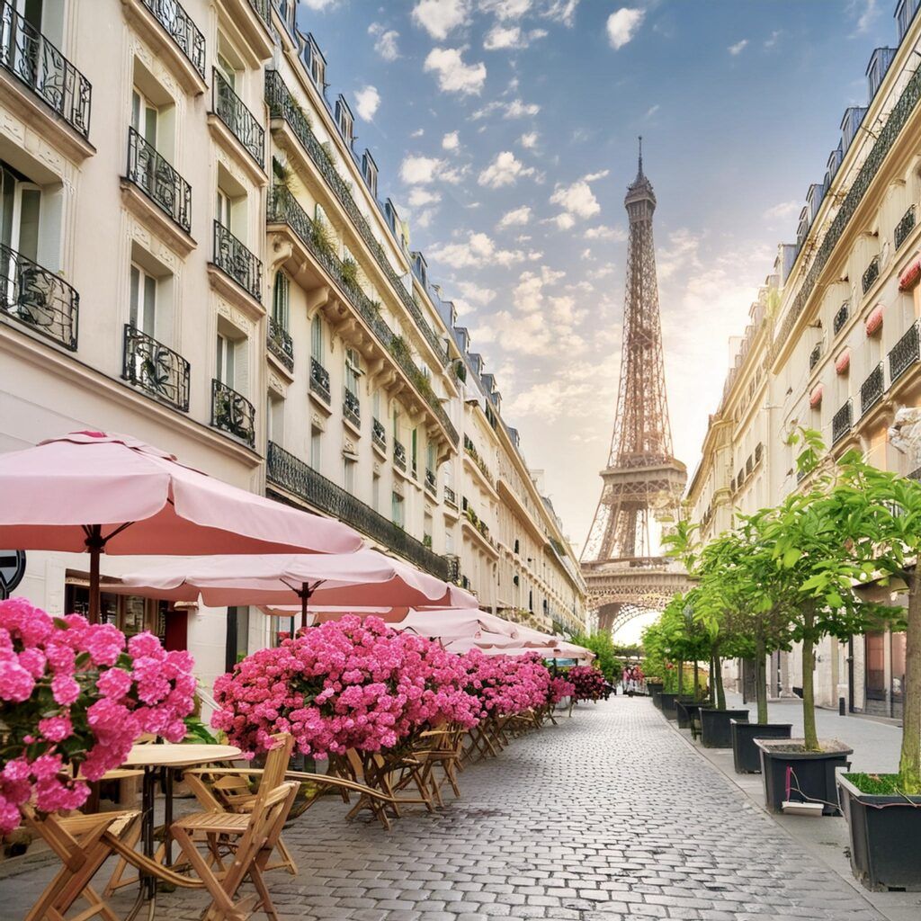 street in Paris with a view of the Eiffel Tower