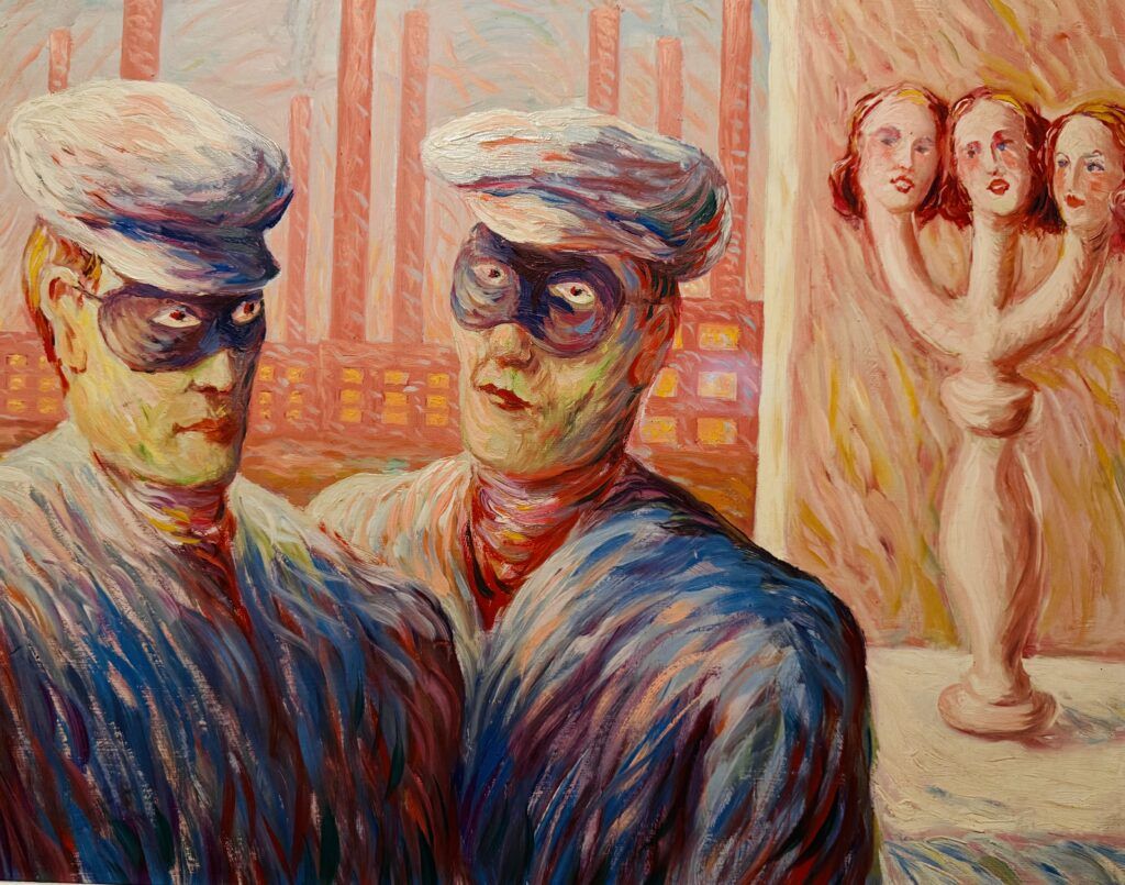 Intelligence, 1946 -- a painting showing two robbers and a candlestick with three heads