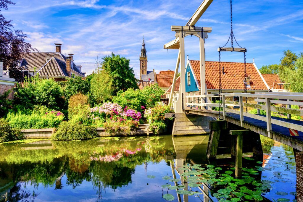 view of Edam with windmill and canal