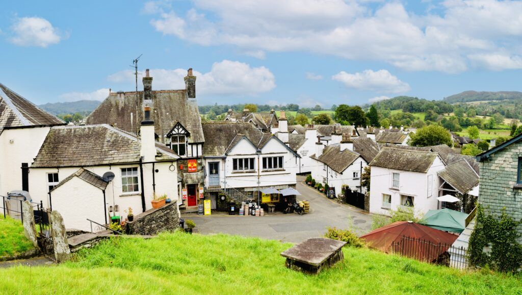 aerial view of Hawkshead and its whitewashed houses