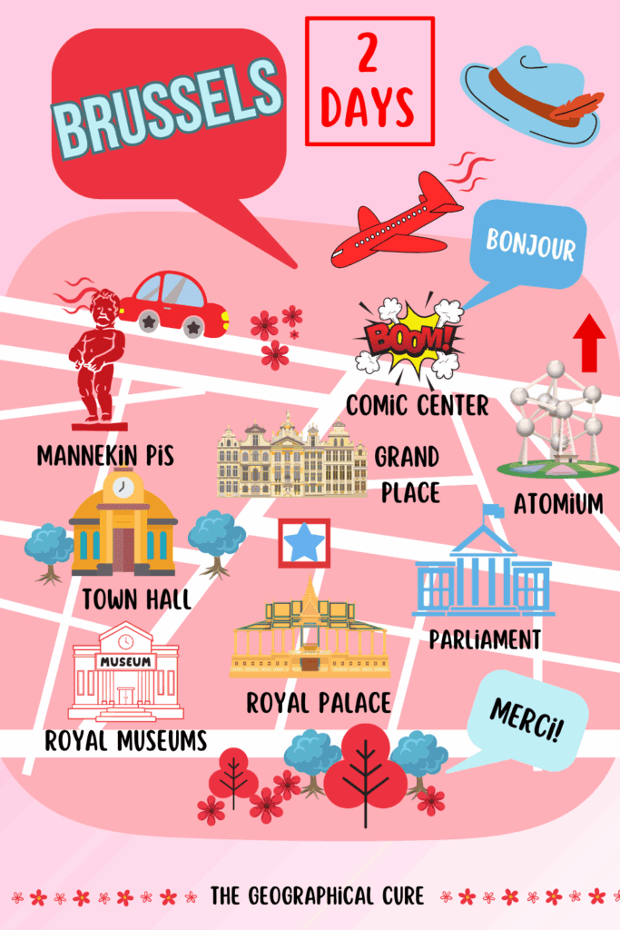 PINTEREST PIN GRAPHIC FOR 2 DAYWS IN BRUSSELS ITINERARY SHOWING a whimsical map of the city