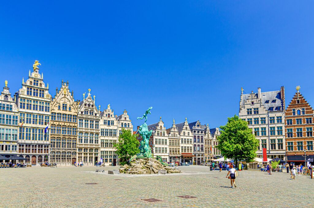 Antwerp cityscape with Brabofontein Brabo Fountain and guild houses guildhalls buildings on Grote Markt Big Market Square in historical city center in Antwerp