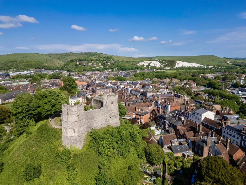 aerial view of historic Lewes Castle and the town of Lewes 