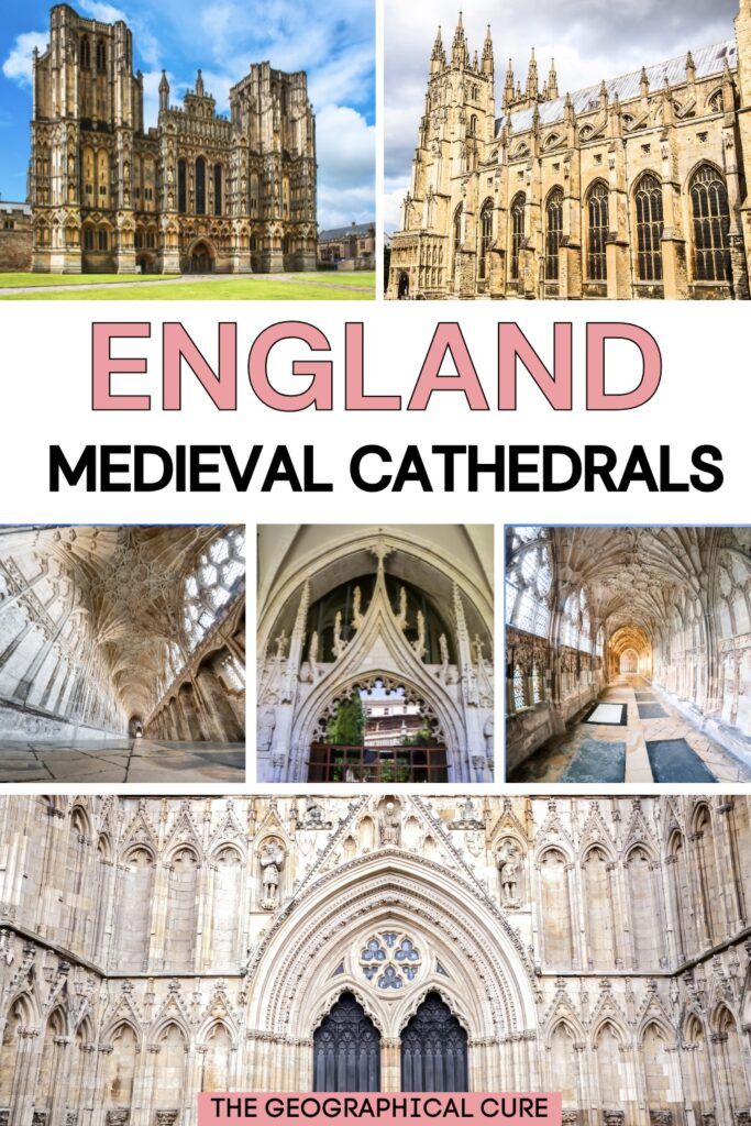 Pinterest pin graphic showing medieval cathedrals in England