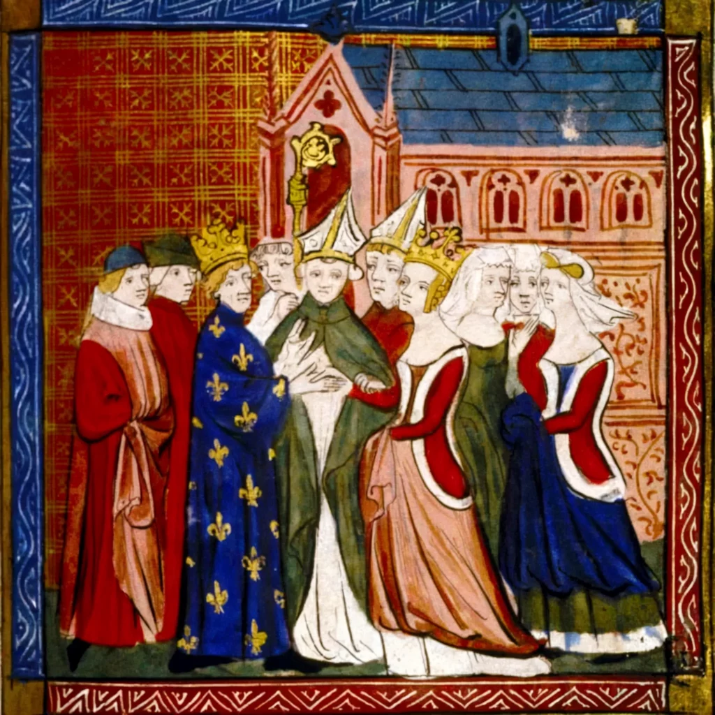 14th century manuscript illustration depicting the marriage of Eleanor and Prince Louis, Bodleian Library