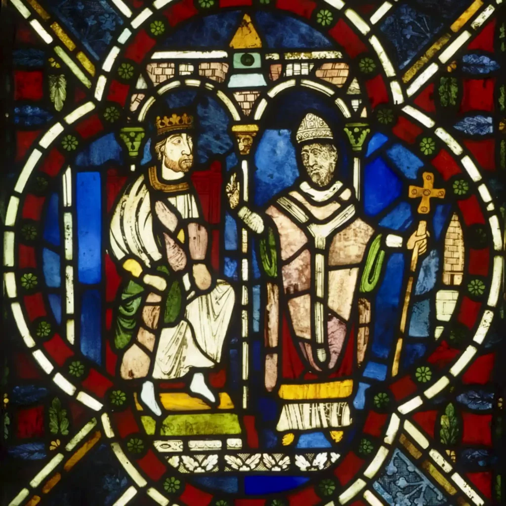stained glass image of Henry II and Becket in Canterbury Cathedral