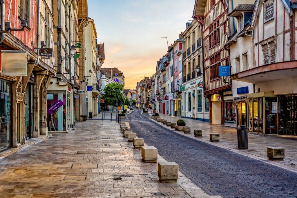 street with half timbered houses at sunset