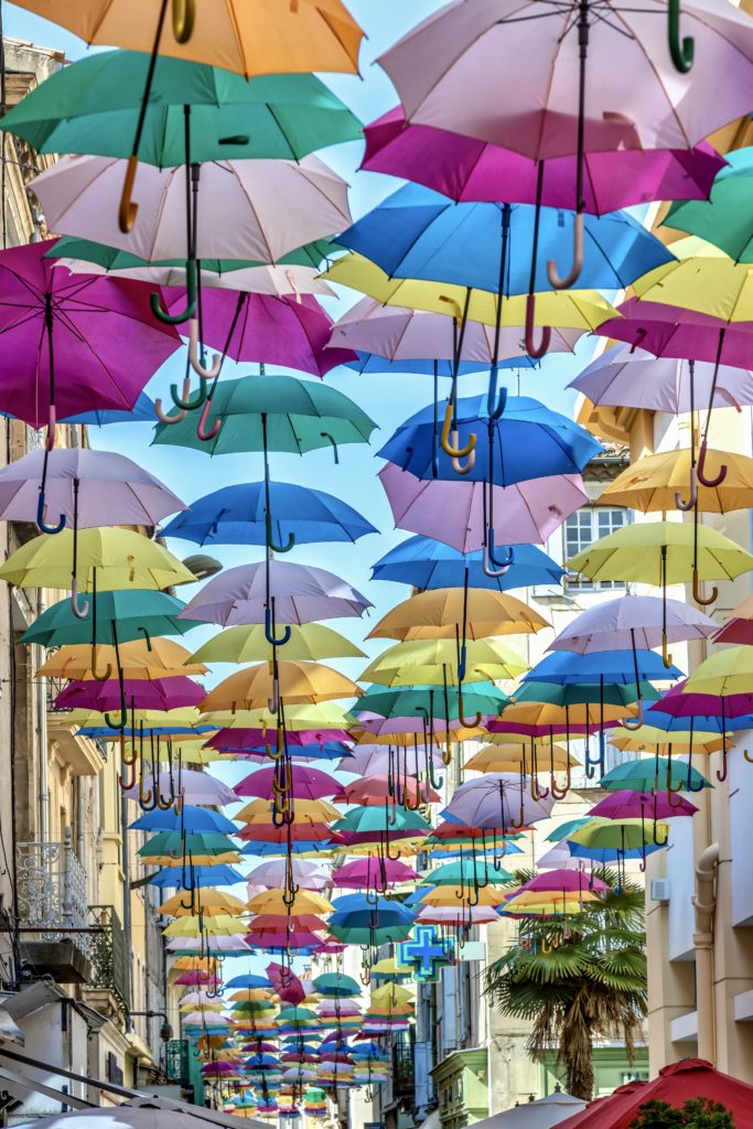 colorful umbrellas on a shopping street in Carcassonne