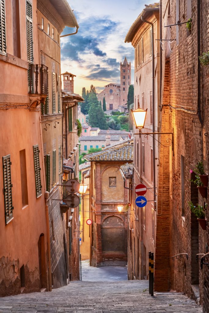 street in Siena with a view of Santa Maria dei Servi Church