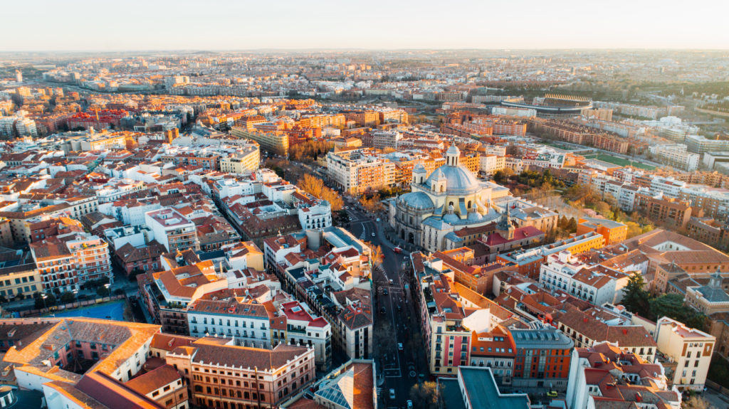 aerial view of Madrid and its La Latina district at sunset