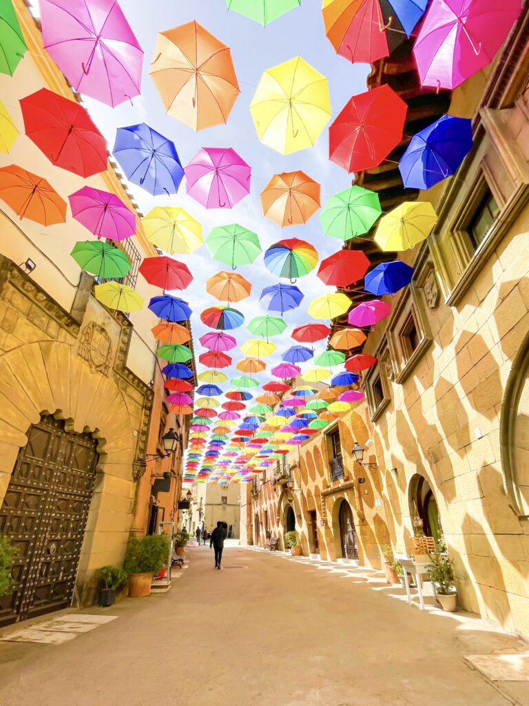 street in Barcelona with umbrellas