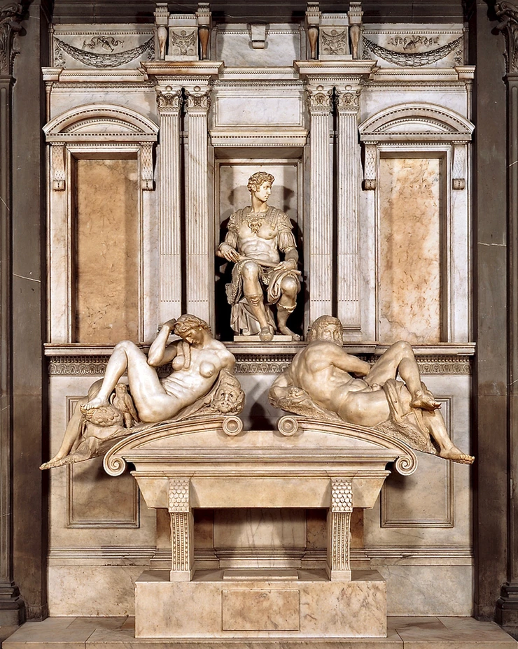 tomb of Giuliano de Medici with the sculptures of Night (left) and Day (right)