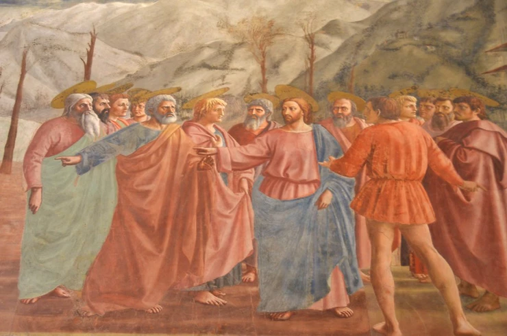 Masaccio, The Tribute Money, 1425 -- in the beautiful Brancacci Chapel
