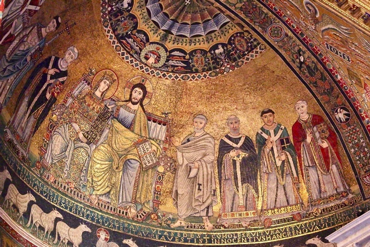 apse mosaics, with Jesus (unusually) placing his arm around Mary