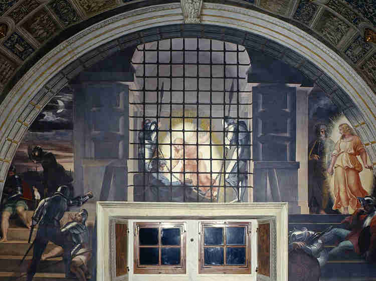 Raphael, the Liberation of St. Peter, 1511-14 -- a rare night scene, in the Raphael Rooms
