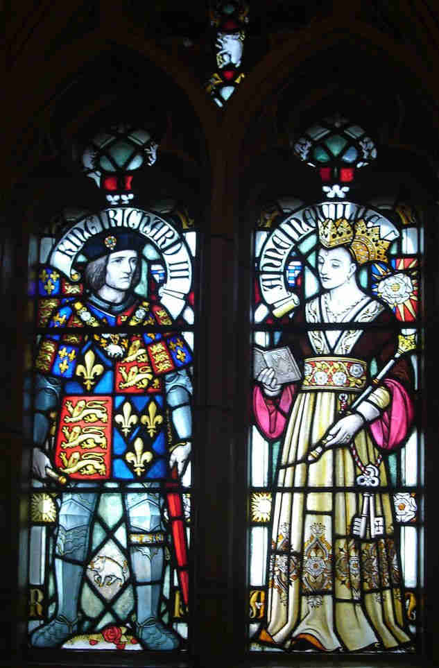 Richard III and Queen Anne Neville, stained glass by William Burgees at Cardiff Cathedral