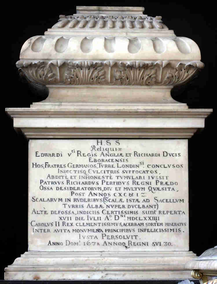 The white marble urn, which contains the reputed remains of the "Princes in the Tower" 