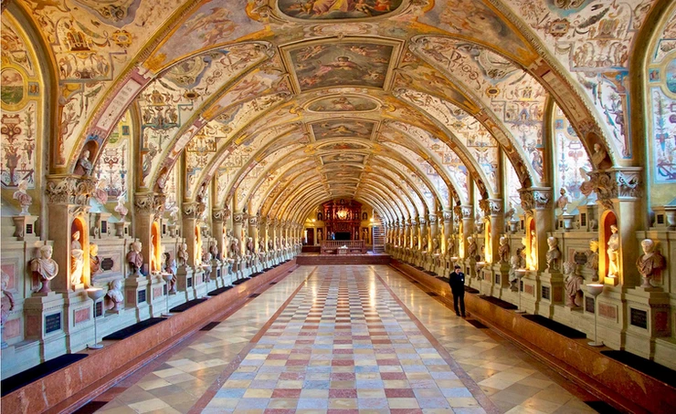 the Hall of Antiquities in the Munich Residenz, smothered with frescoes and holding the Wittlebachs collection of antiques