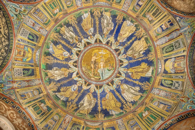 ceiling mosaics depicting the Baptism of Christ in the center among the apostles in Baptistery of Neon