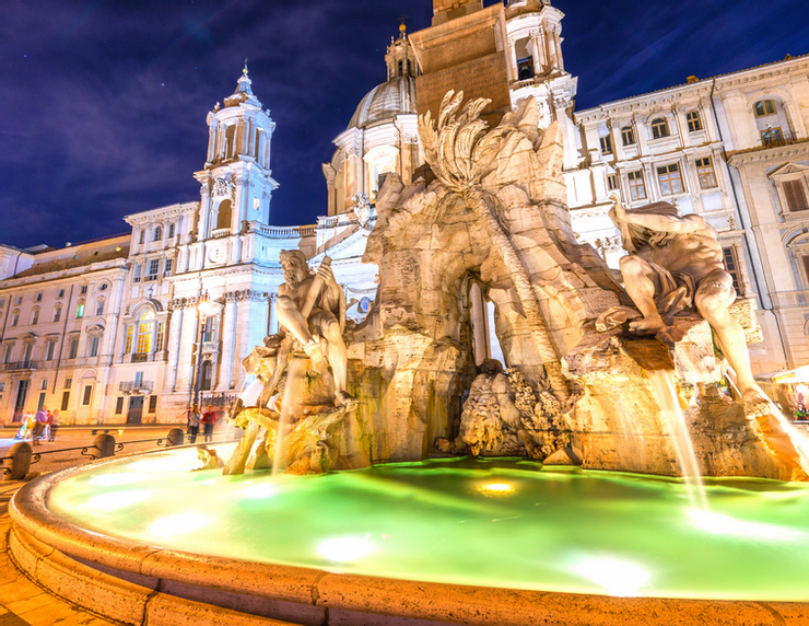 Bernini's Four River Fountain against the facade of Borromini's Sant'Agnese Church