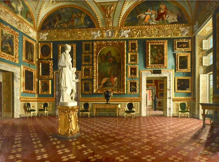 the Iliad Room in the Pitti Palace, with a sculpture by Lorenzo Bartolini representing Charity