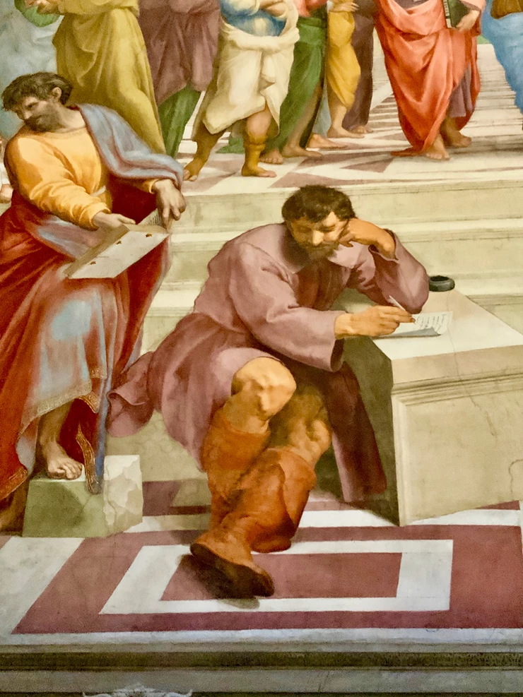 detail from School of Athens showing Raphael's portrait of Michelangelo