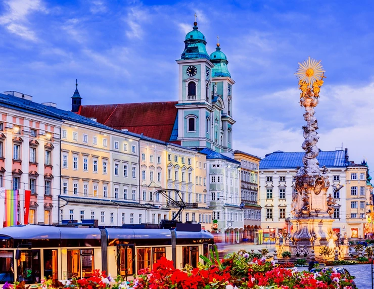 the Holy Trinity column in the Hauptplatz (main square) in the center of Linz Austria