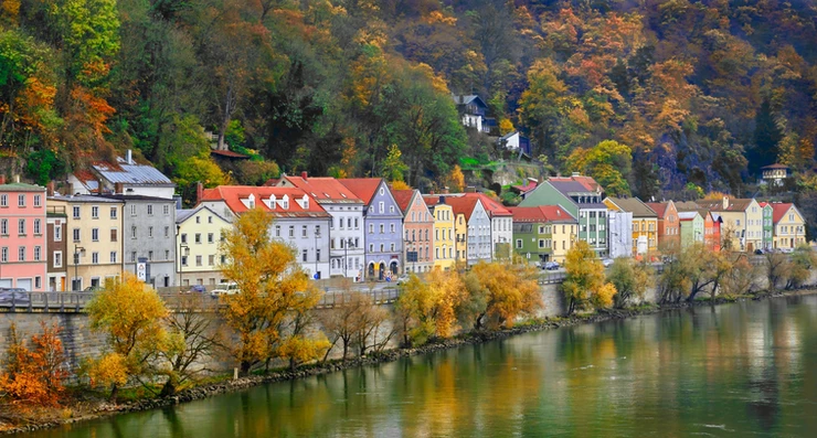 colorful houses lining a street in Passau Germany