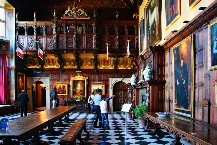the Marble Hall of Hatfield House with the famous Rainbow Portrait of Elizabeth