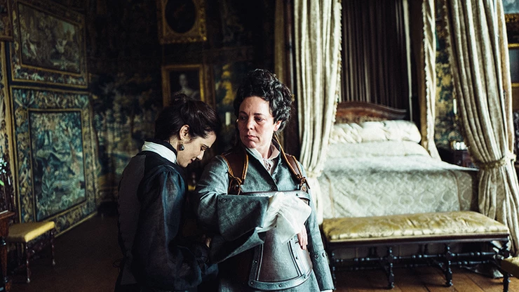 Sarah and Queen Anne in the King James Drawing Room, which doubles as Queen Anne's bedroom in the movie