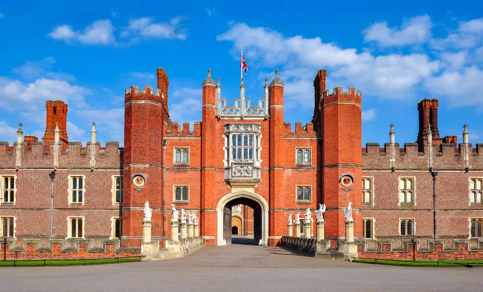 the Gothic facade and main entrance to Hampton Court Palace