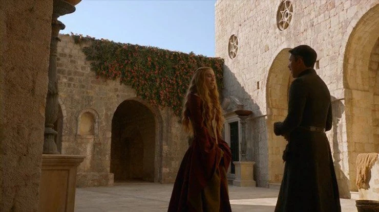 The confrontation between Cersei Lannister and Littlefinger, Petyr Baelish, in the Red Keep on Game of Thrones. Littlefinger says "knowledge is power." Cersei counters with "power is power."