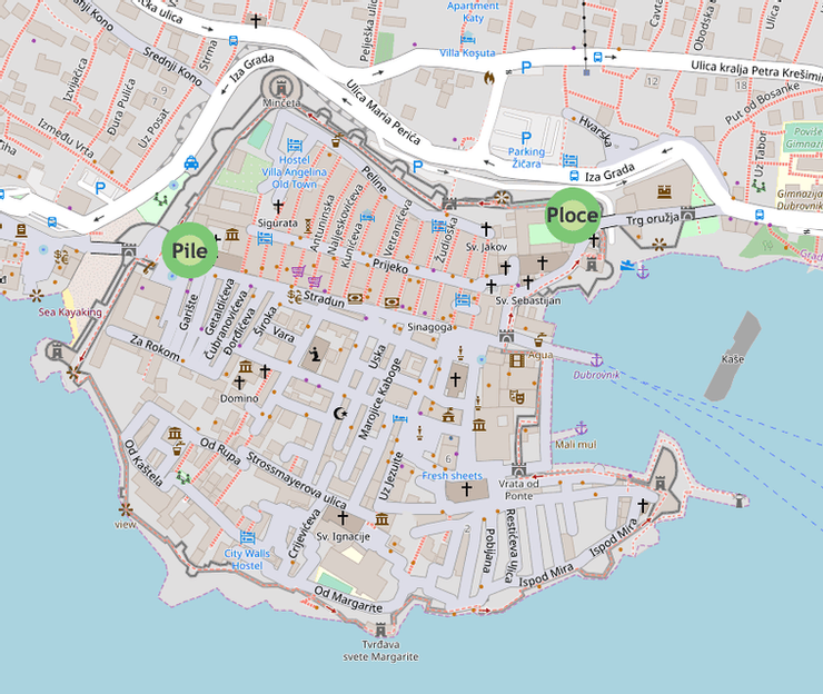 map of the Dubrovnik city walls showing the entry points