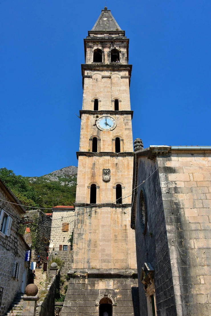 the bell tower of St. Nicholas' Church in Perast Montenegro