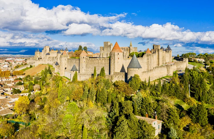 the intact city walls of Carcassonne