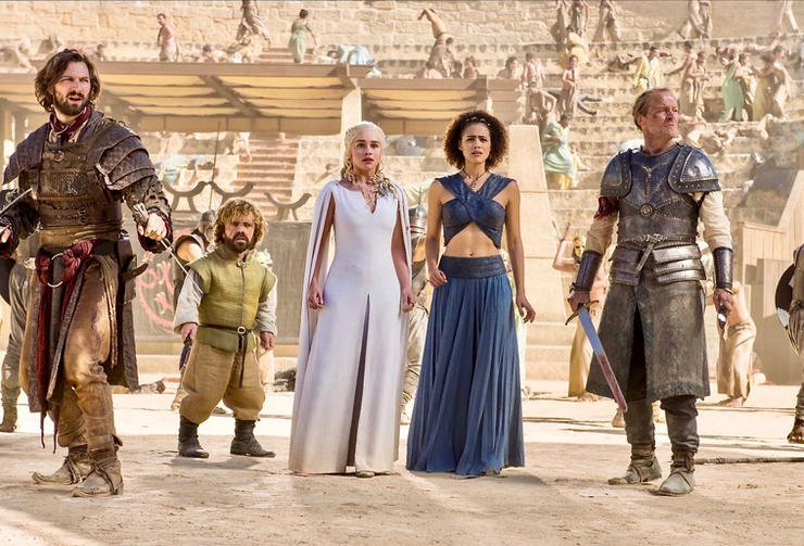 Daenerys and her protectors watch for the arrival of Drogon in the bullring in Osuna. image source: HBO