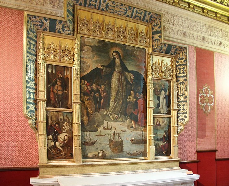 a rare contemporaneous painting including Columbus at the Chapel of Navigators in the Alcazar