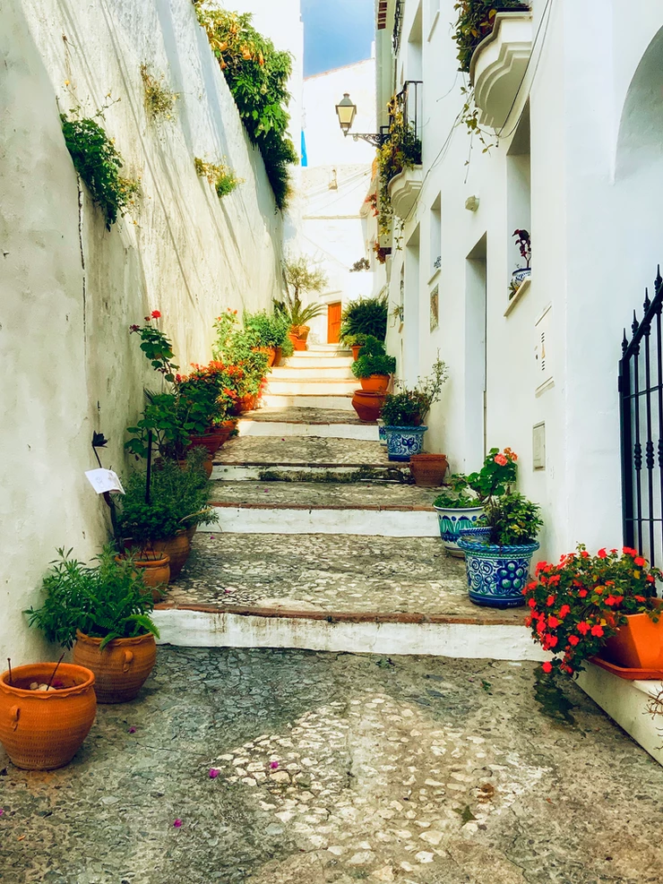 a lovely side street with potted plants in Frigiliana Spain