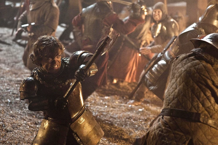 Tyrion fighting valiantly in the Battle of Blackwater Bay