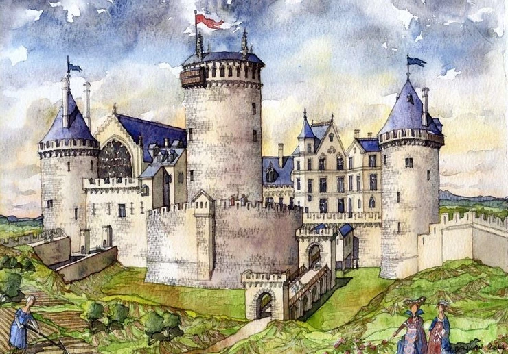 a watercolor rendering of Chateau de Coucy in the calamitous middle ages
