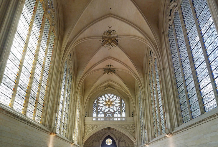 the nave and stained glass windows of the Sainte-Chapelle chapel of Chateau de Vincennes