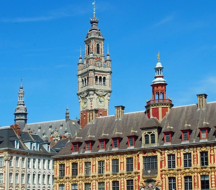 Old Stock Exchange and the Belfry in Lille France. You can climb to the top of the Belfry at 104 meters to get a panoramic view of the city.