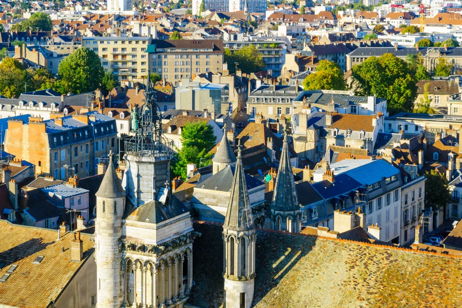 An aerial view of the historic center of the city, with Notre-Dame church, in Dijon France