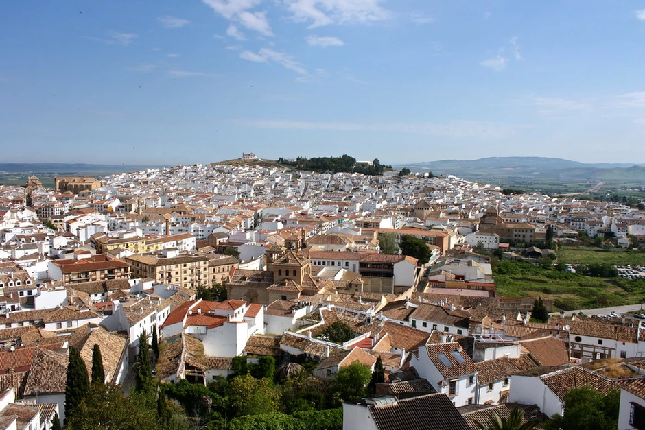 Antequera Spain, a magnificent white pueblo in Andalusia. Viewpoint from the Mirador de Antequera. 