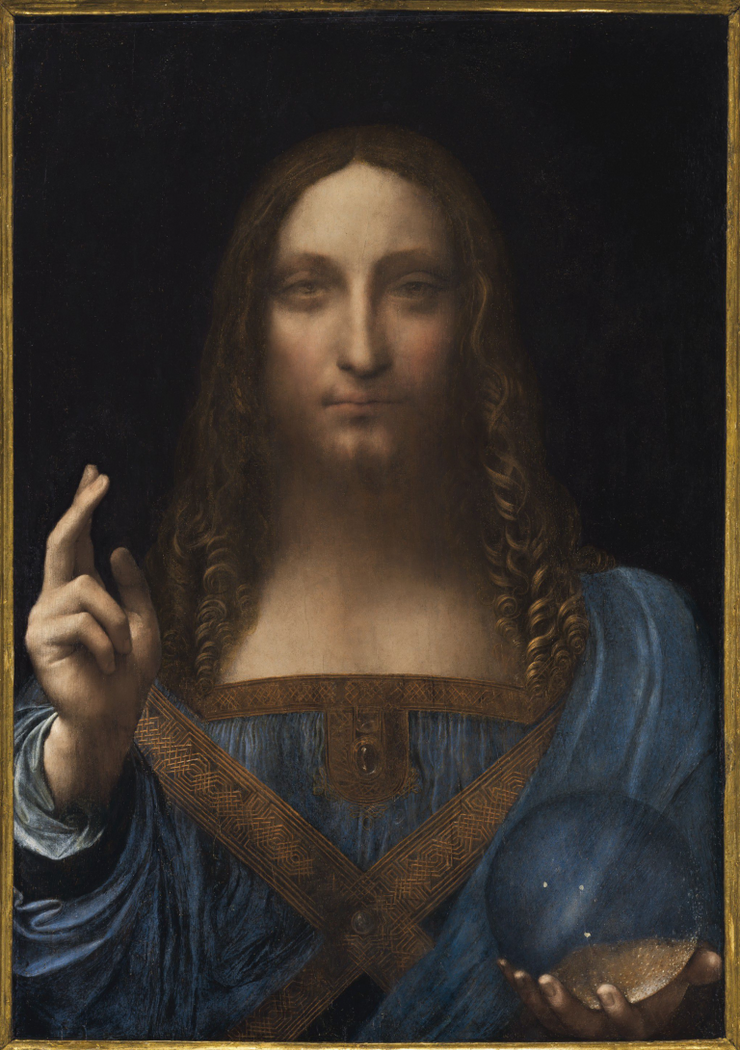 Attributed to Leonardo da Vinci, “Salvator Mundi” (c.1500), oil on panel, 25 7/8 x 18 inches.