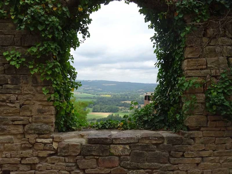 a peak at the countryside through yet another arch, this time vine covered
