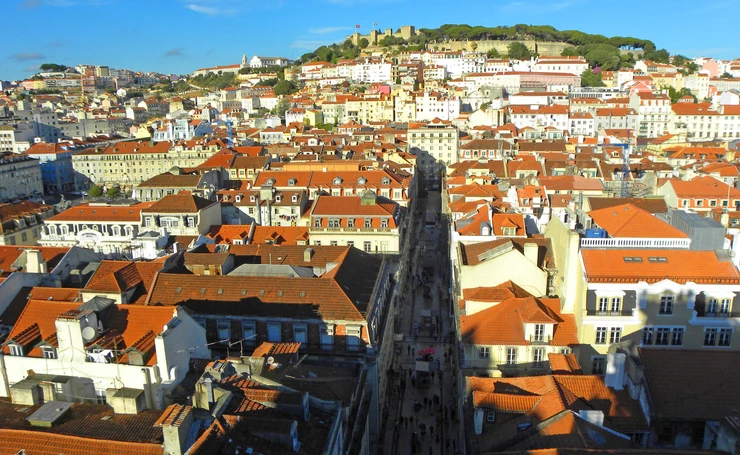 view of Lisbon and St. George's Castle from the Santa Justa Elevator.