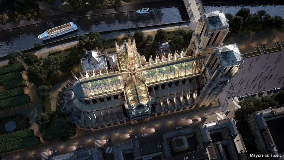 Miysis calls for Notre Dame's roof to become a public space with raised planting beds and full-size trees. (Photo illustration by Miysis)